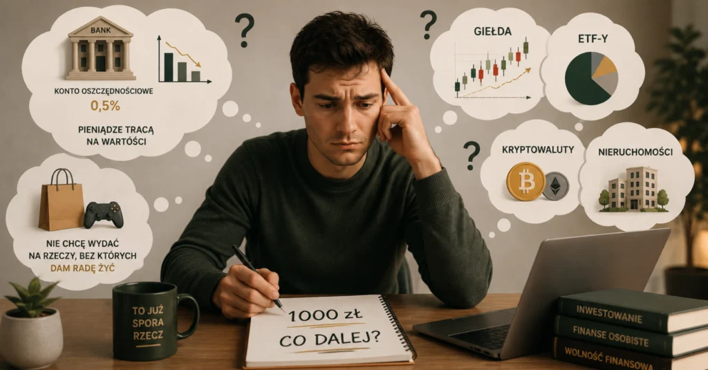 Osoba zastanawia się, jak zainwestować pierwsze 1000 zł, rozważając giełdę, ETF-y, kryptowaluty i nieruchomości.