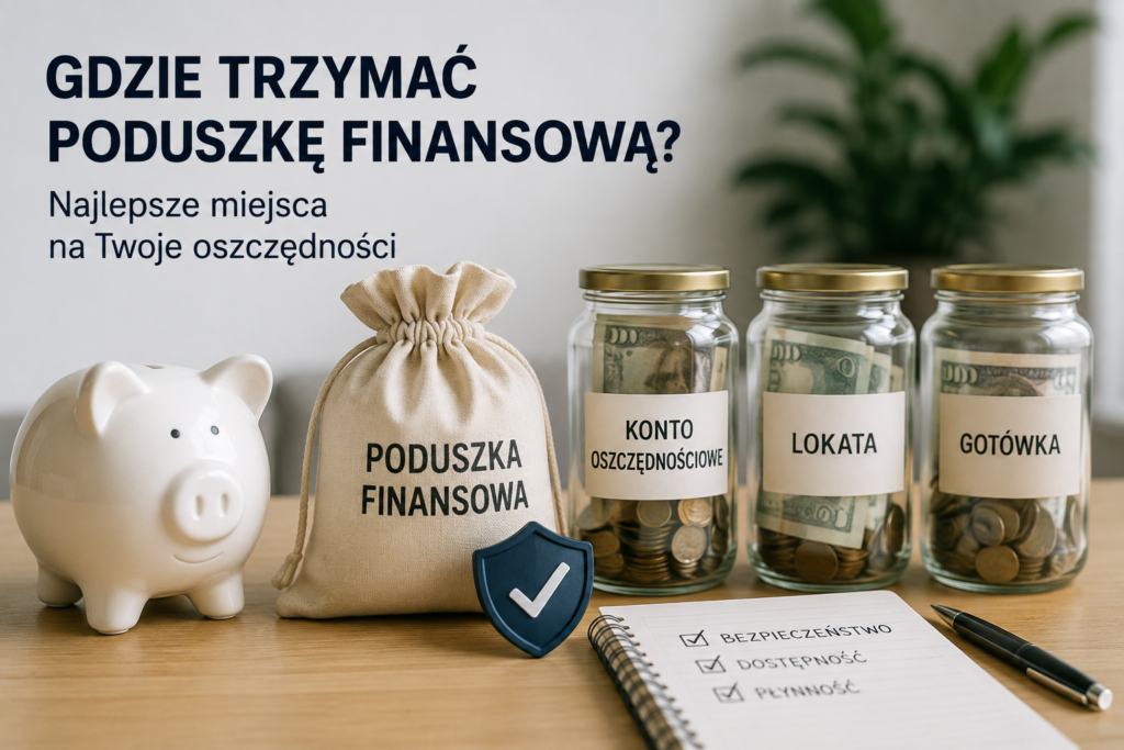 Poduszka finansowa obok konta oszczędnościowego, lokaty i gotówki jako przykłady miejsc przechowywania oszczędności.