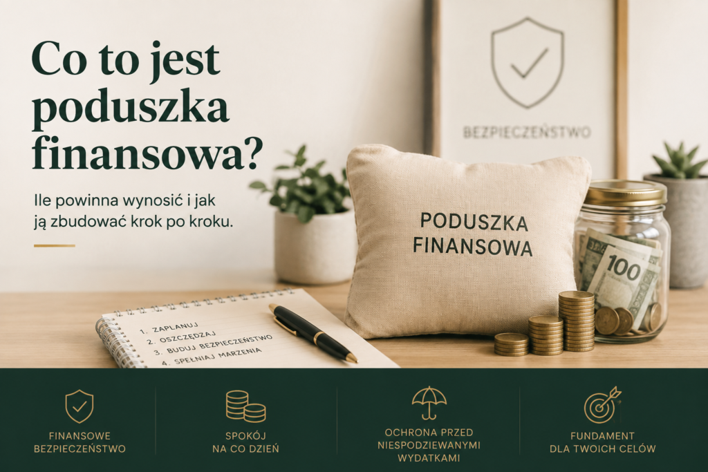 Poduszka finansowa – ilustracja przedstawiająca poduszkę z napisem „Poduszka finansowa”, słoik z oszczędnościami i monety symbolizujące bezpieczeństwo finansowe.
