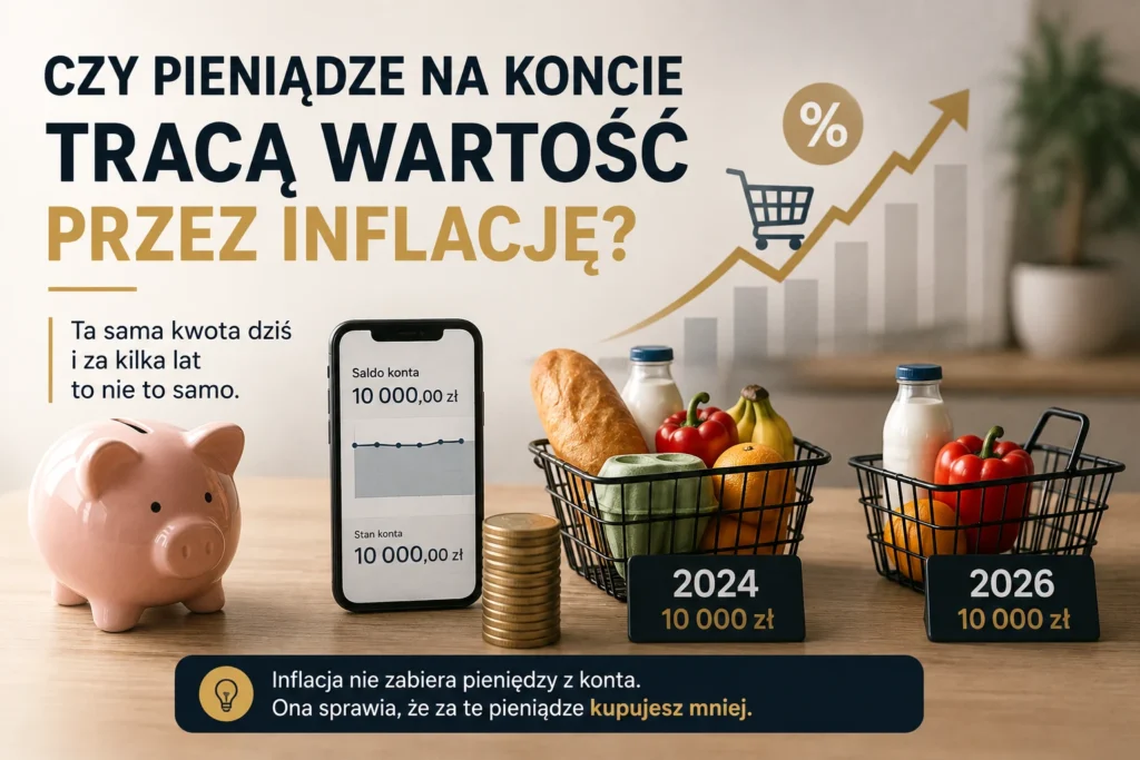 Inflacja a oszczędności – 10 000 zł na koncie zachowuje saldo, ale wraz ze wzrostem cen traci siłę nabywczą.