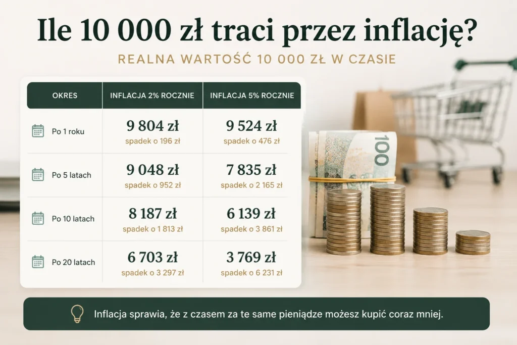 Ile 10 000 zł traci przez inflację – porównanie siły nabywczej po 1, 5, 10 i 20 latach przy inflacji 2% i 5%